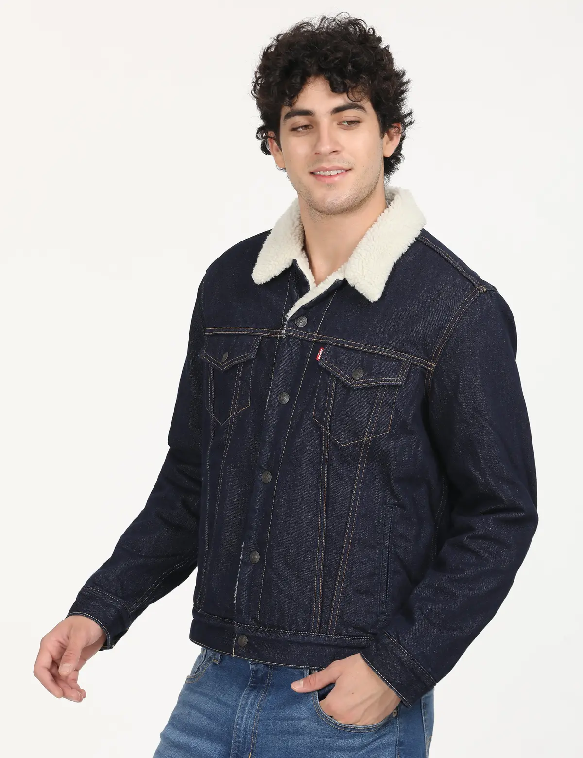 Men's Solid Navy Spread Collar Denim Jacket 2