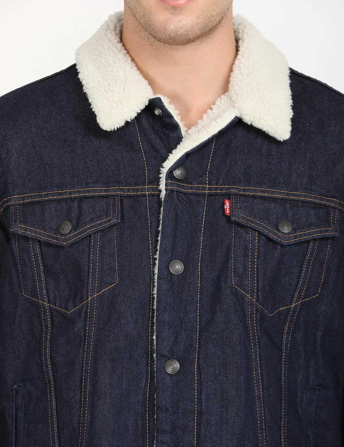 Men's Solid Navy Spread Collar Denim Jacket 4