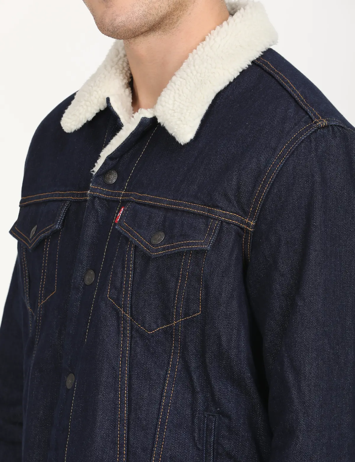 Men's Solid Navy Spread Collar Denim Jacket 5