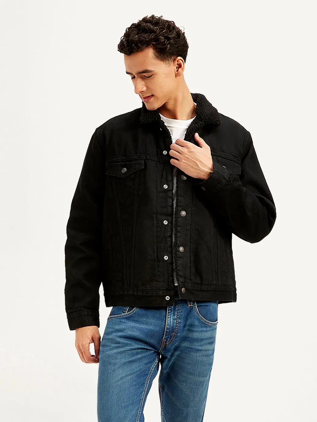 Men's Solid Black Spread Collar Denim Jacket 3