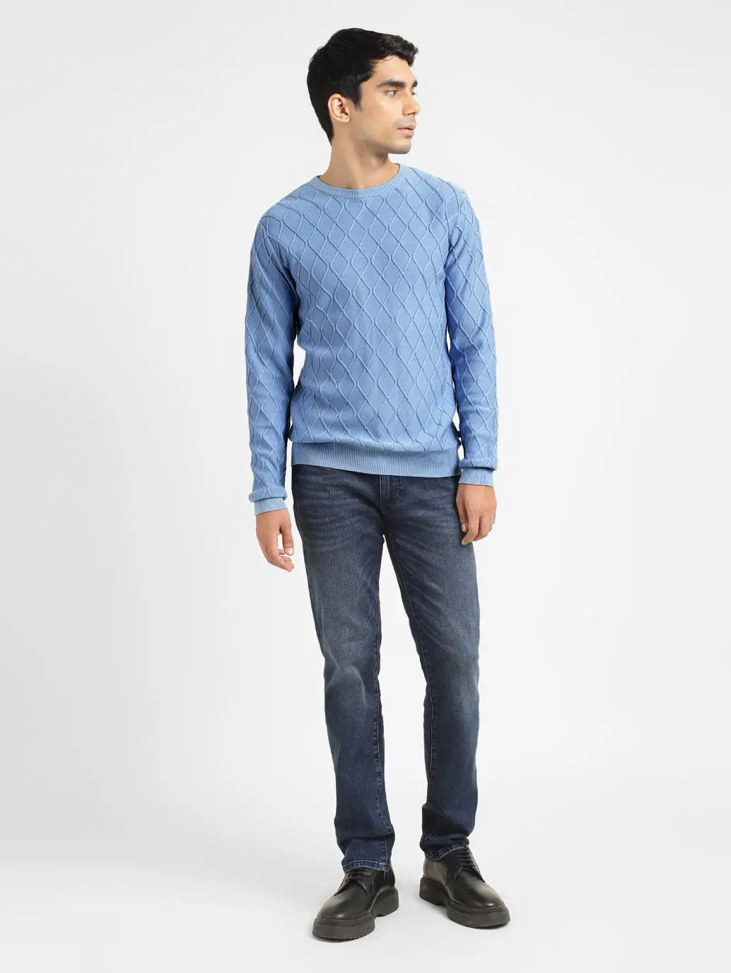 Men's Self Design Blue Crew Neck Sweater 1