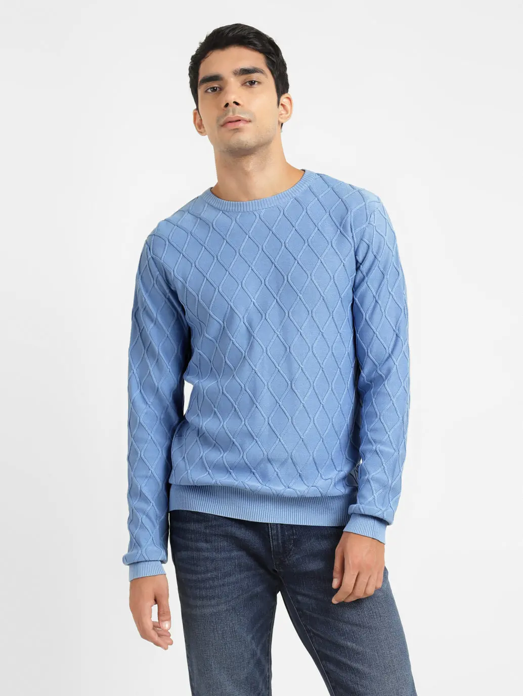 Men's Self Design Blue Crew Neck Sweater 2