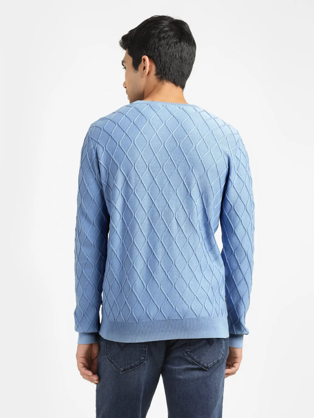 Men's Self Design Blue Crew Neck Sweater 3