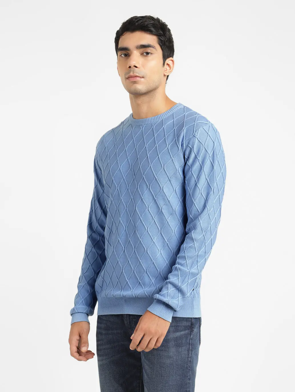 Men's Self Design Blue Crew Neck Sweater 4