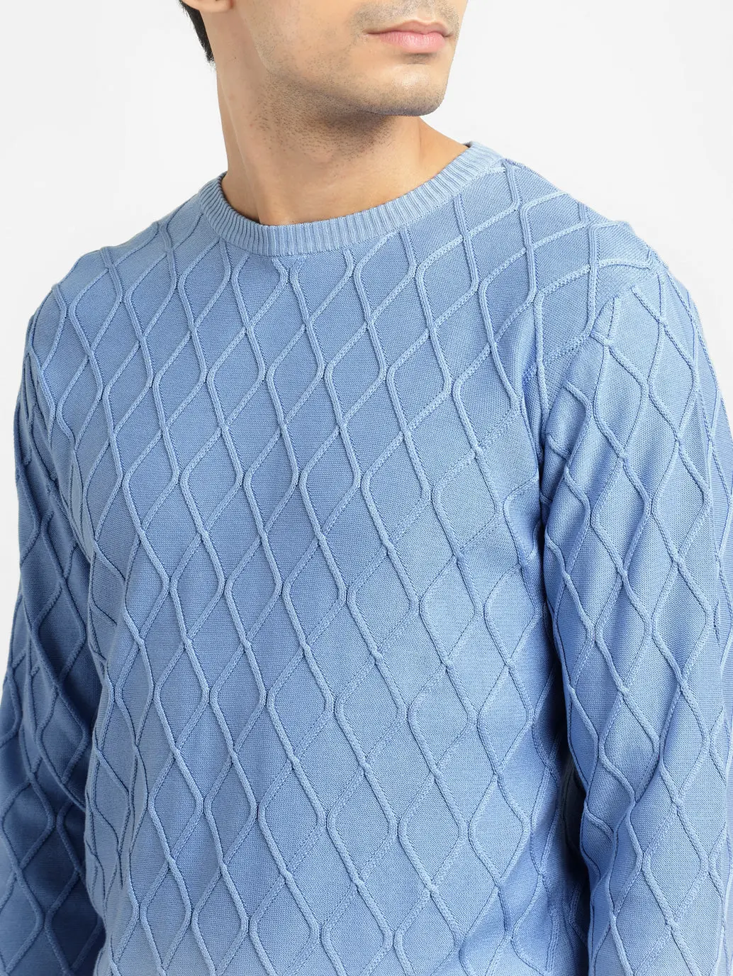 Men's Self Design Blue Crew Neck Sweater 5