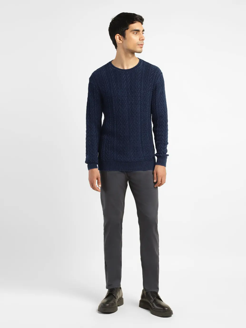 Men's Self Design Navy Crew Neck Sweater 1