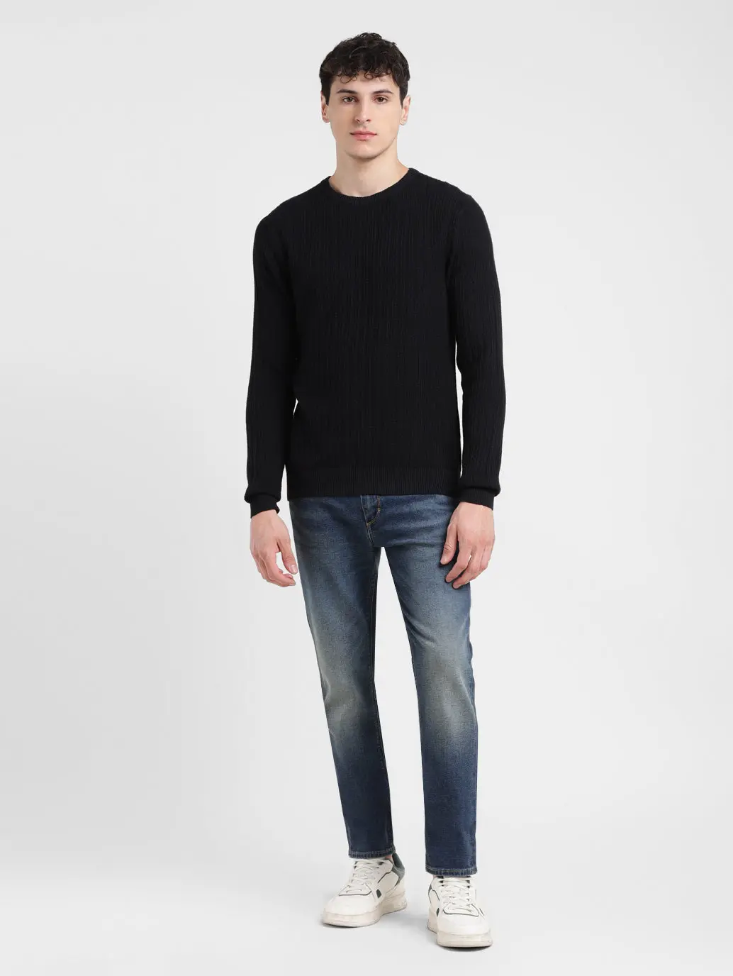 Men's Solid Black Crew Neck Sweater 1