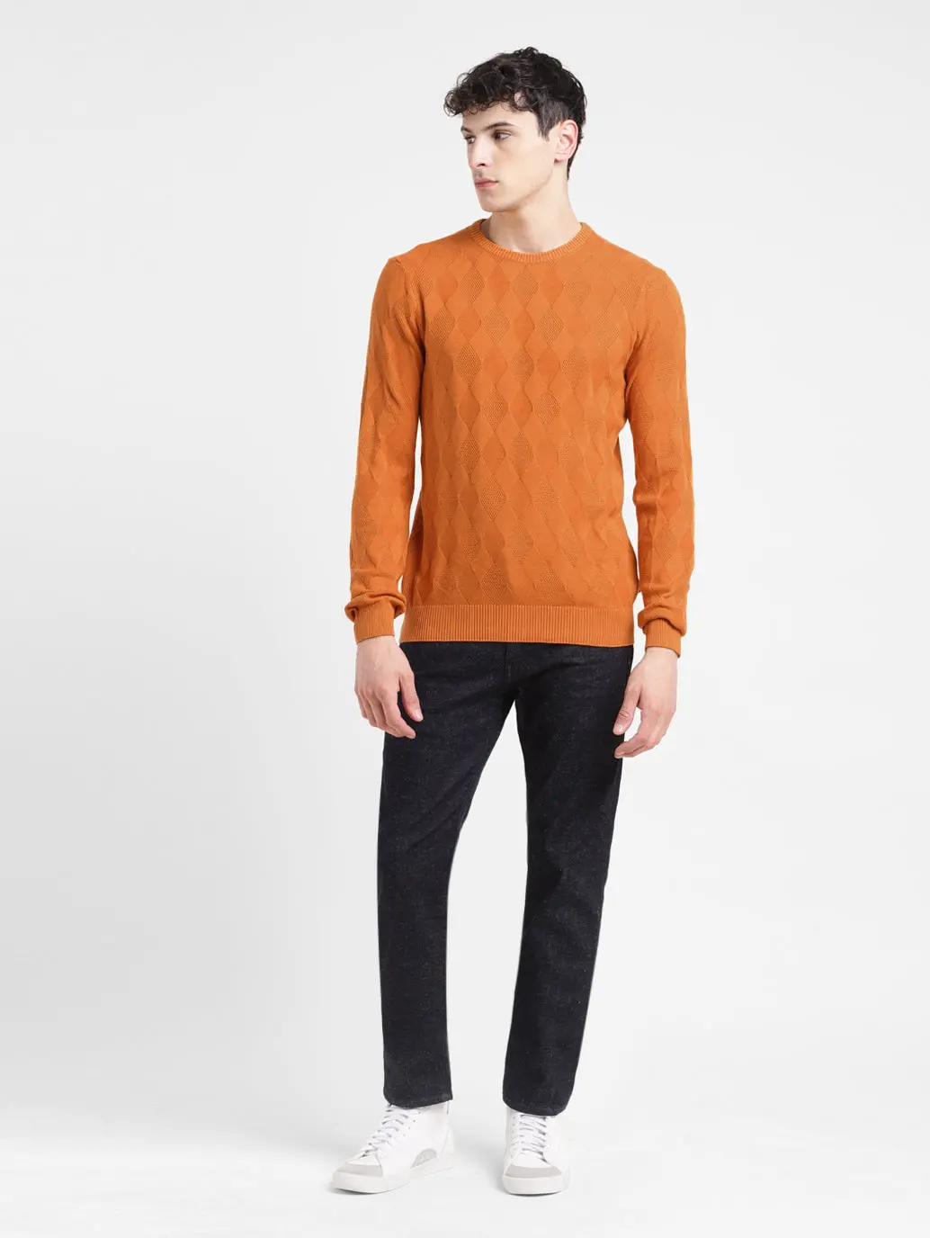 Men's Self Design Orange Crew Neck Sweater 1