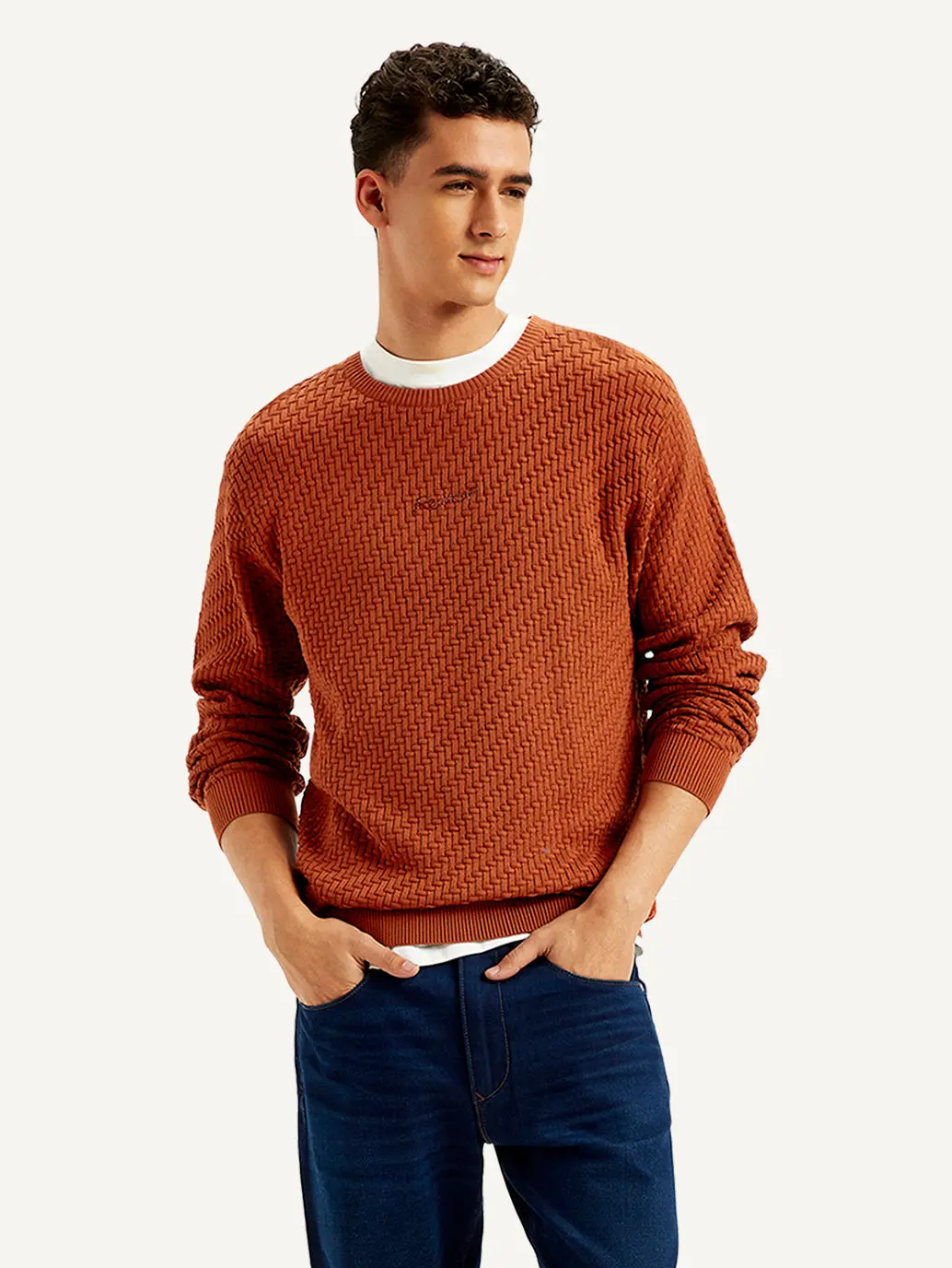 Men's Redloop Textured Rust Crew Neck Sweater 1
