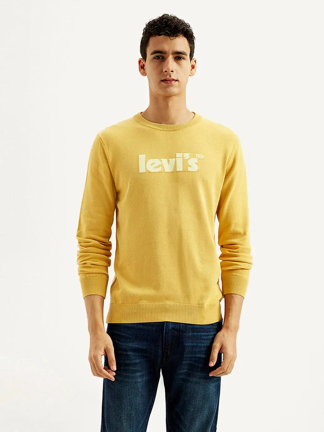 Men's Brand Logo Yellow Crew Neck Sweater 1