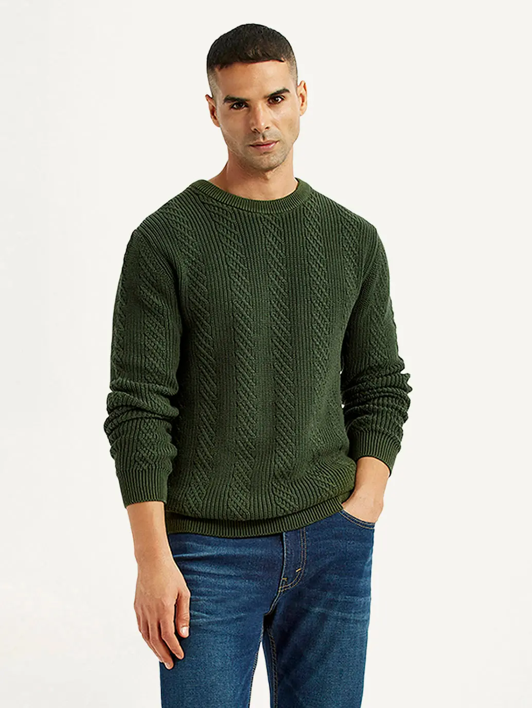 Men's Jacquard Dark Green Crew Neck Sweater 1