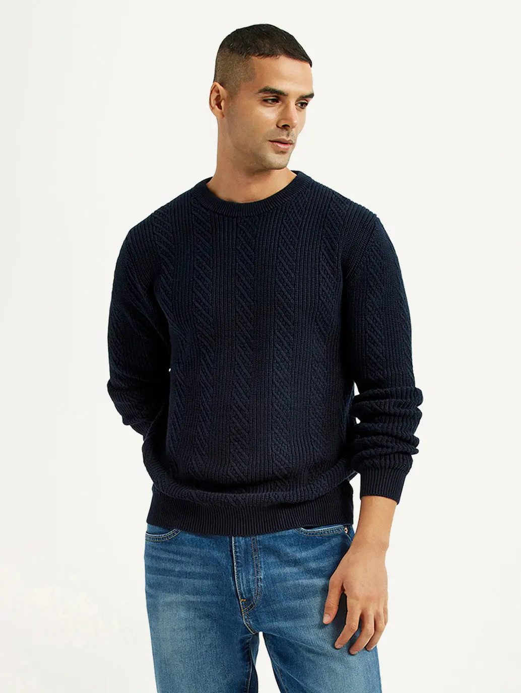 Men's Jacquard Navy Crew Neck Sweater 1