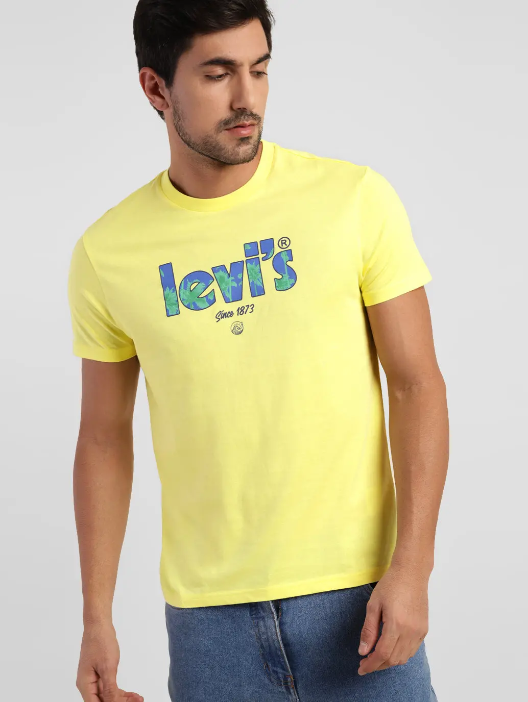 Men's Yellow  Brand Logo Printed Crew Neck T-Shirt 1