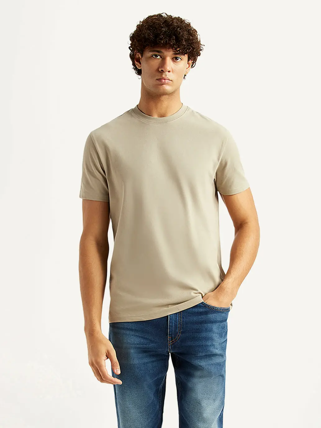 Men's Solid Beige Slim Fit T-Shirt 1