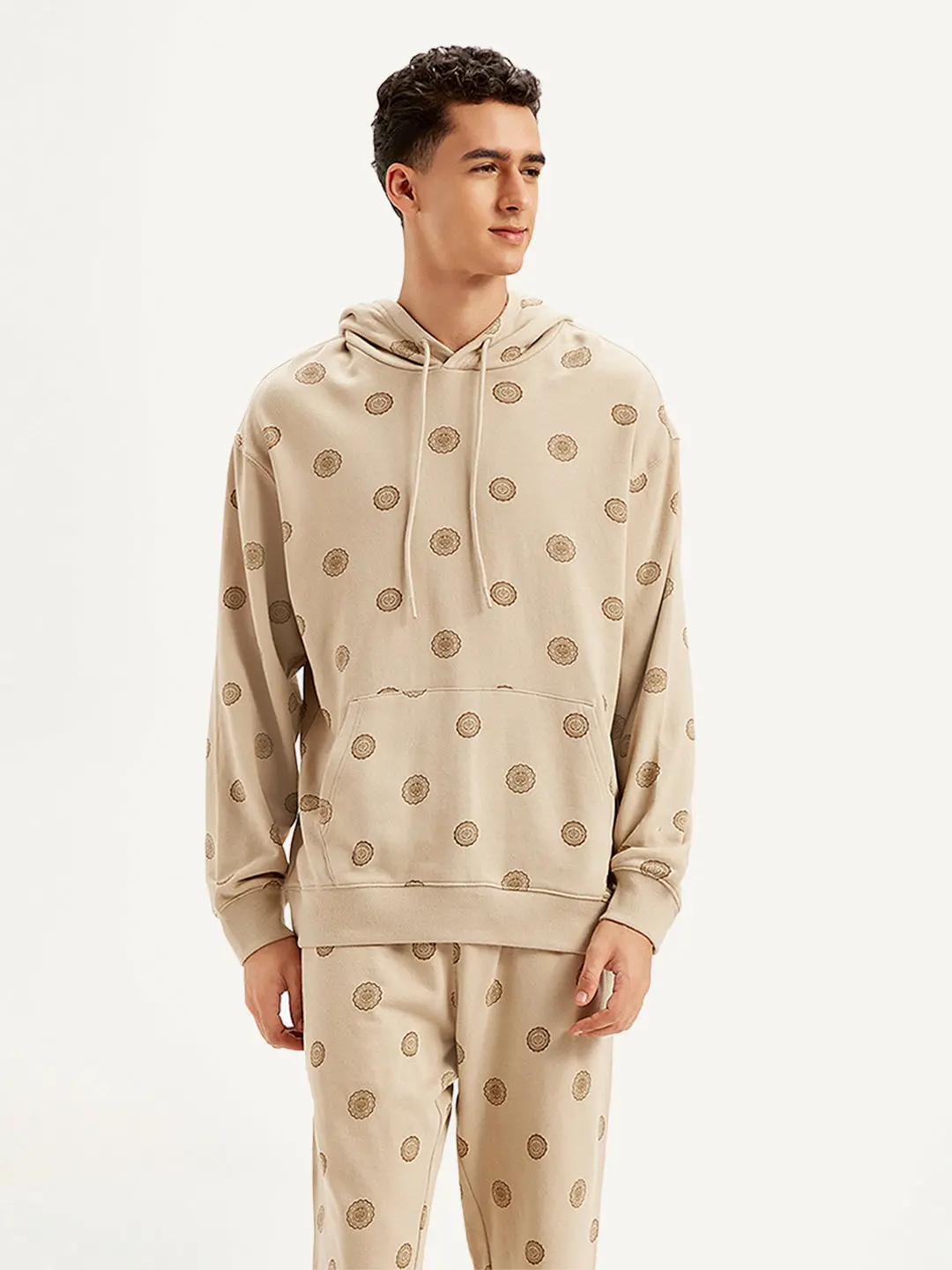 Men's Printed Khaki Hooded Sweatshirt 1