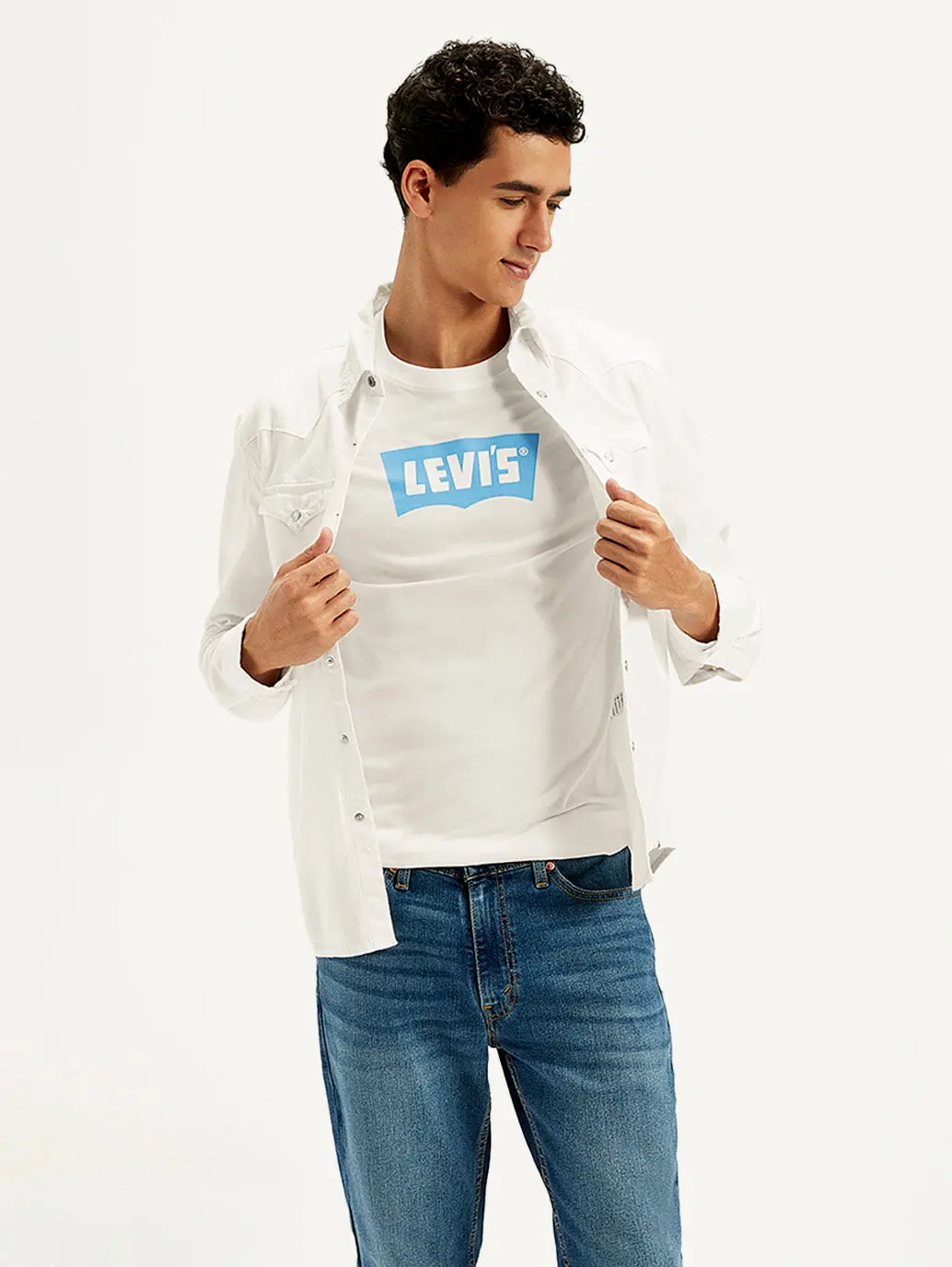Men's Solid White Spread Collar Denim Shirt 1