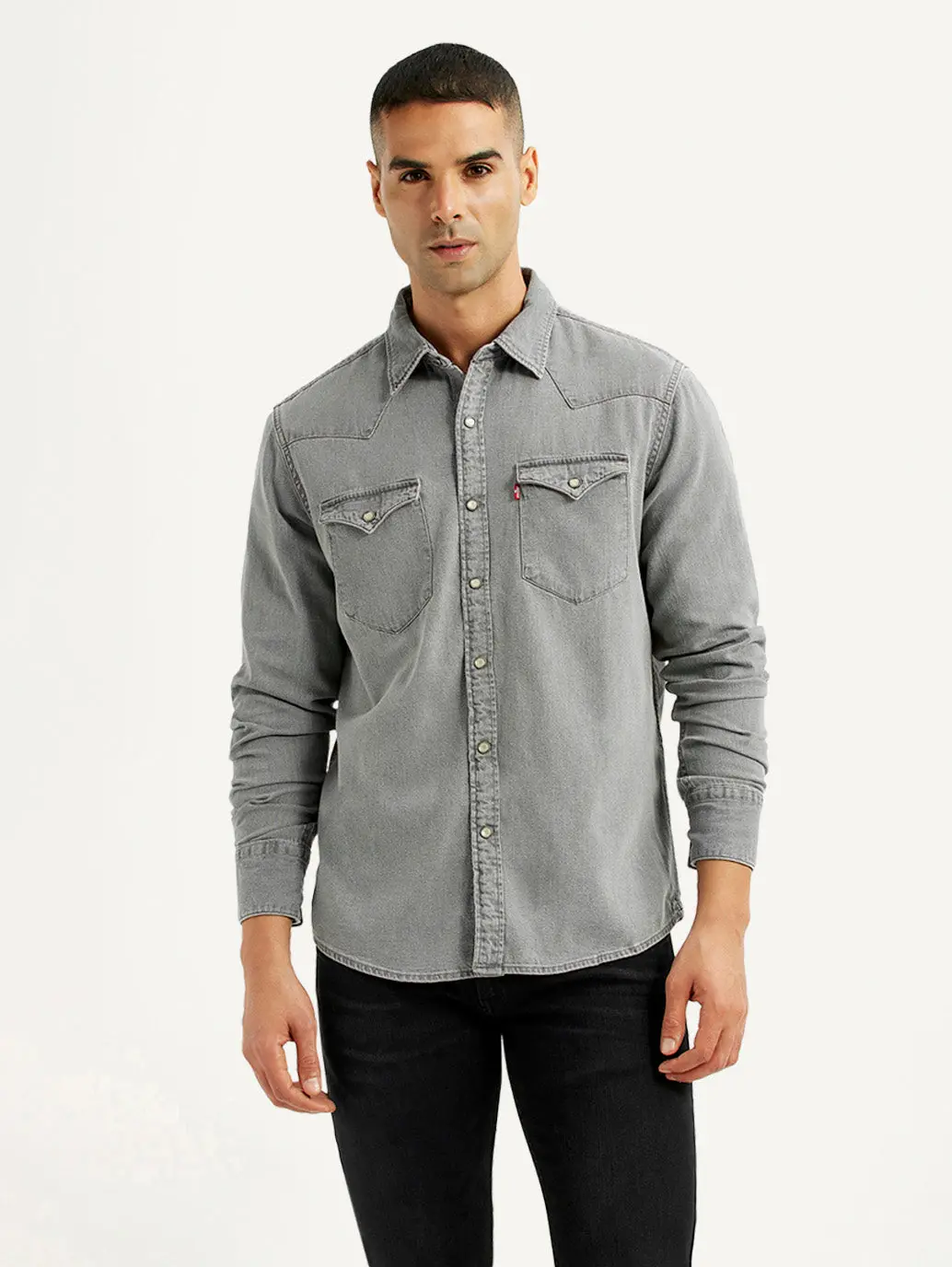 Men's Solid Grey Slim Fit Denim Shirt 1