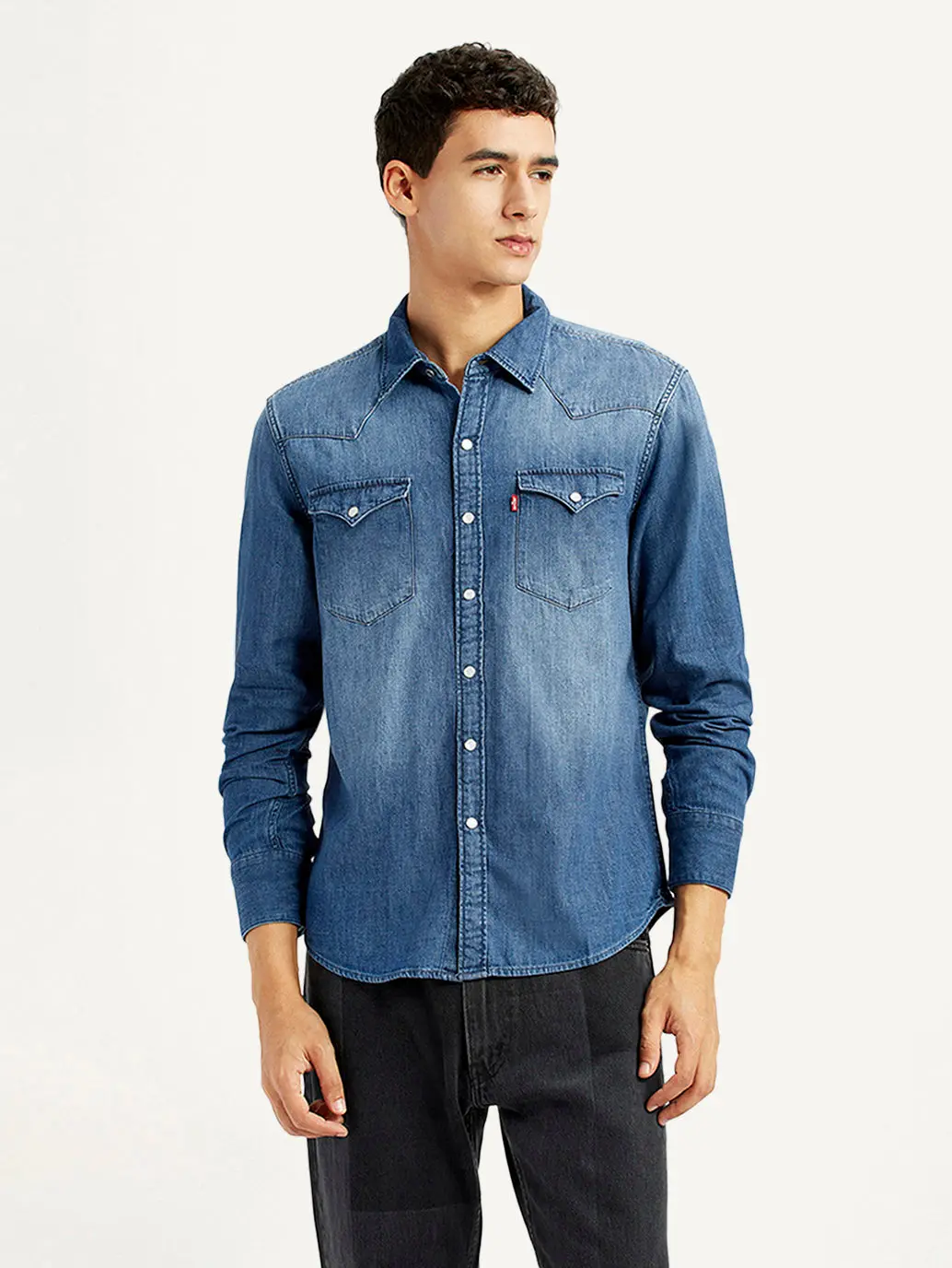 Men's Solid Blue Slim Fit Denim Shirt 1