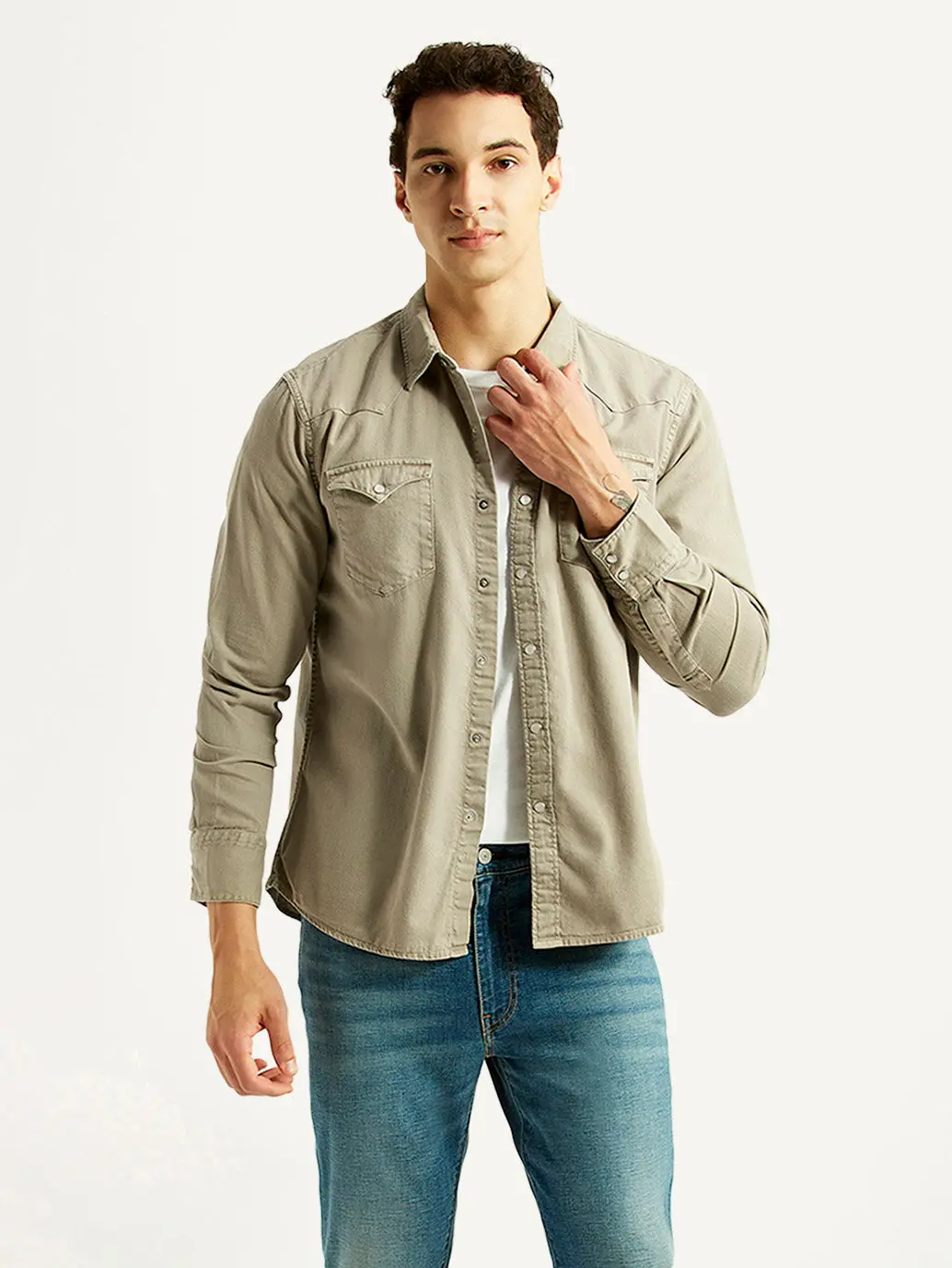 Men's Solid Beige Slim Fit Denim Shirt 1