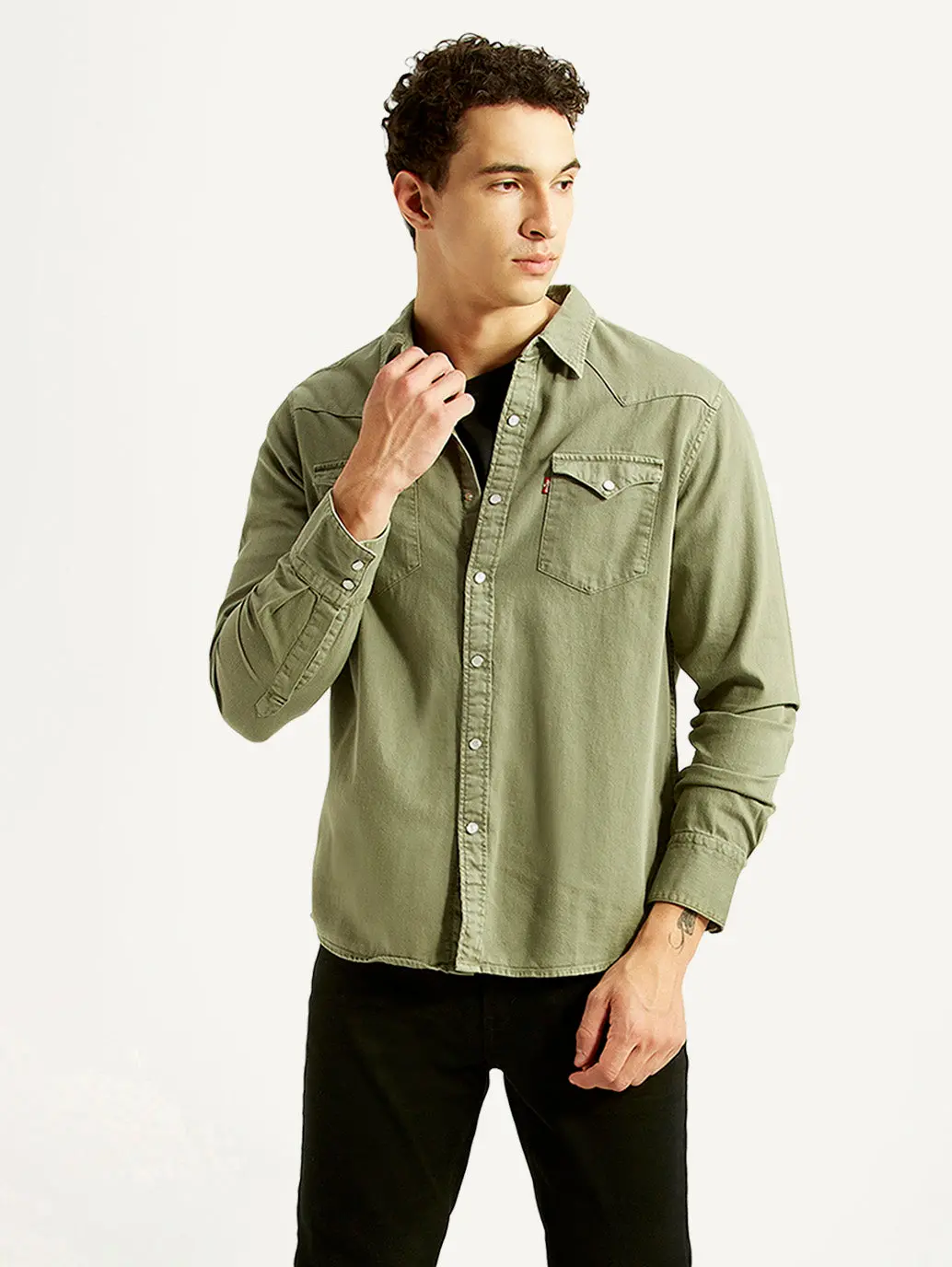 Men's Solid Olive Slim Fit Denim Shirt 1