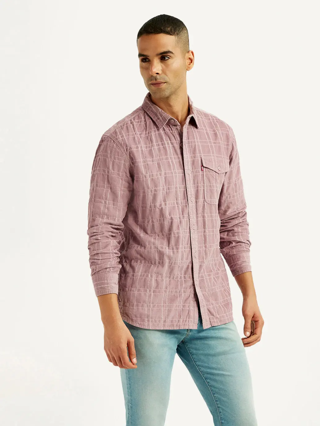 Men's Mauve Checkered Slim Fit Corduroy Shirt 1