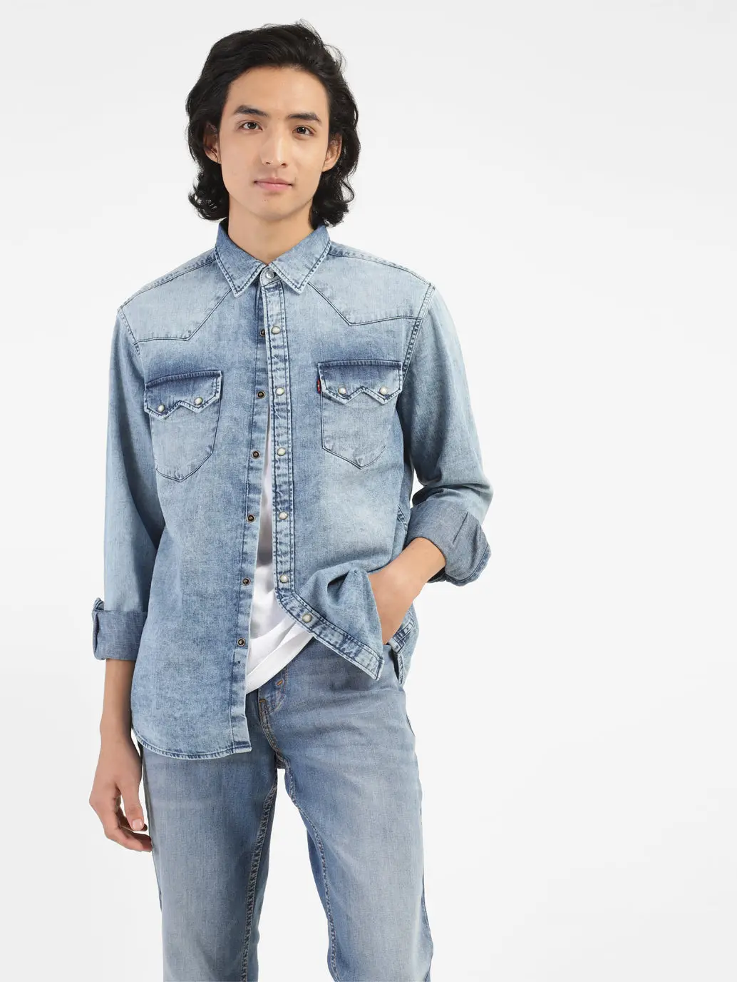 Men's Solid Blue Collar Denim Shirt 1