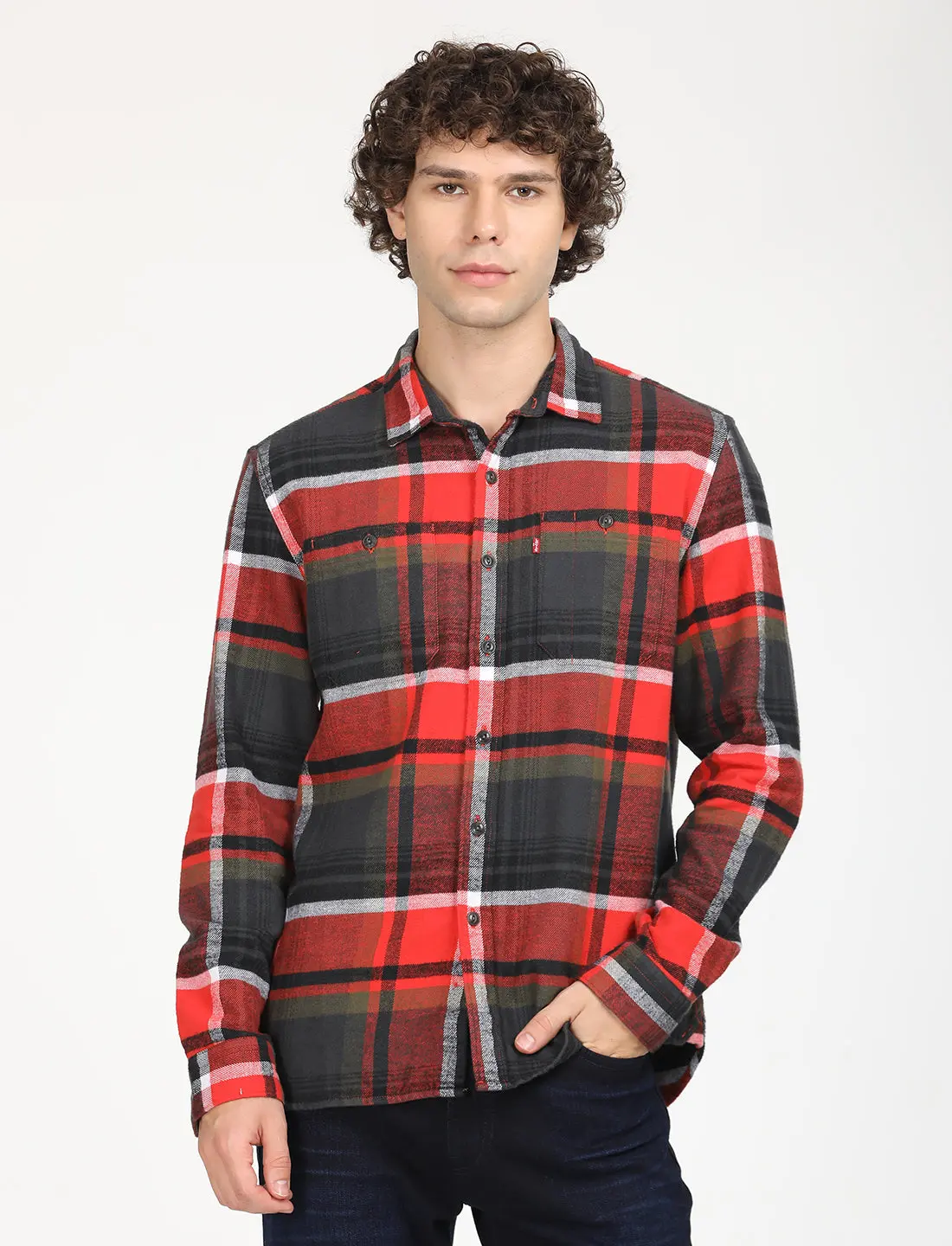 Men's Plaid Red Spread Collar Shacket 1