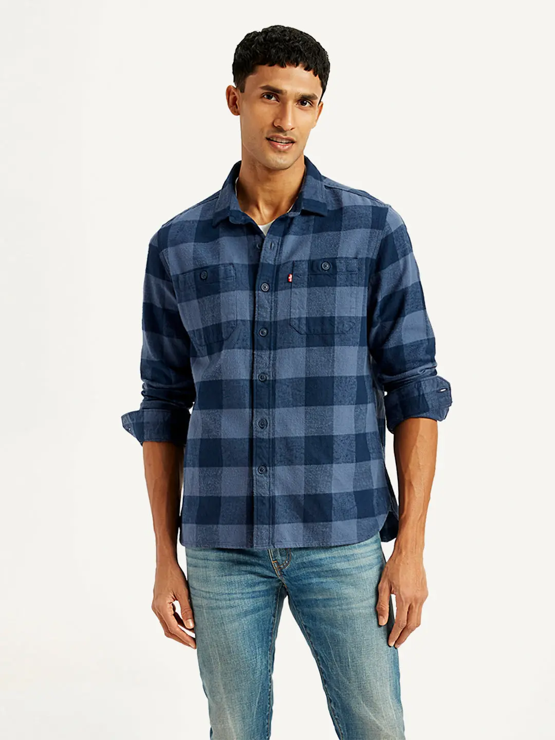 Men's Checkered Navy Spread Collar Shacket 2