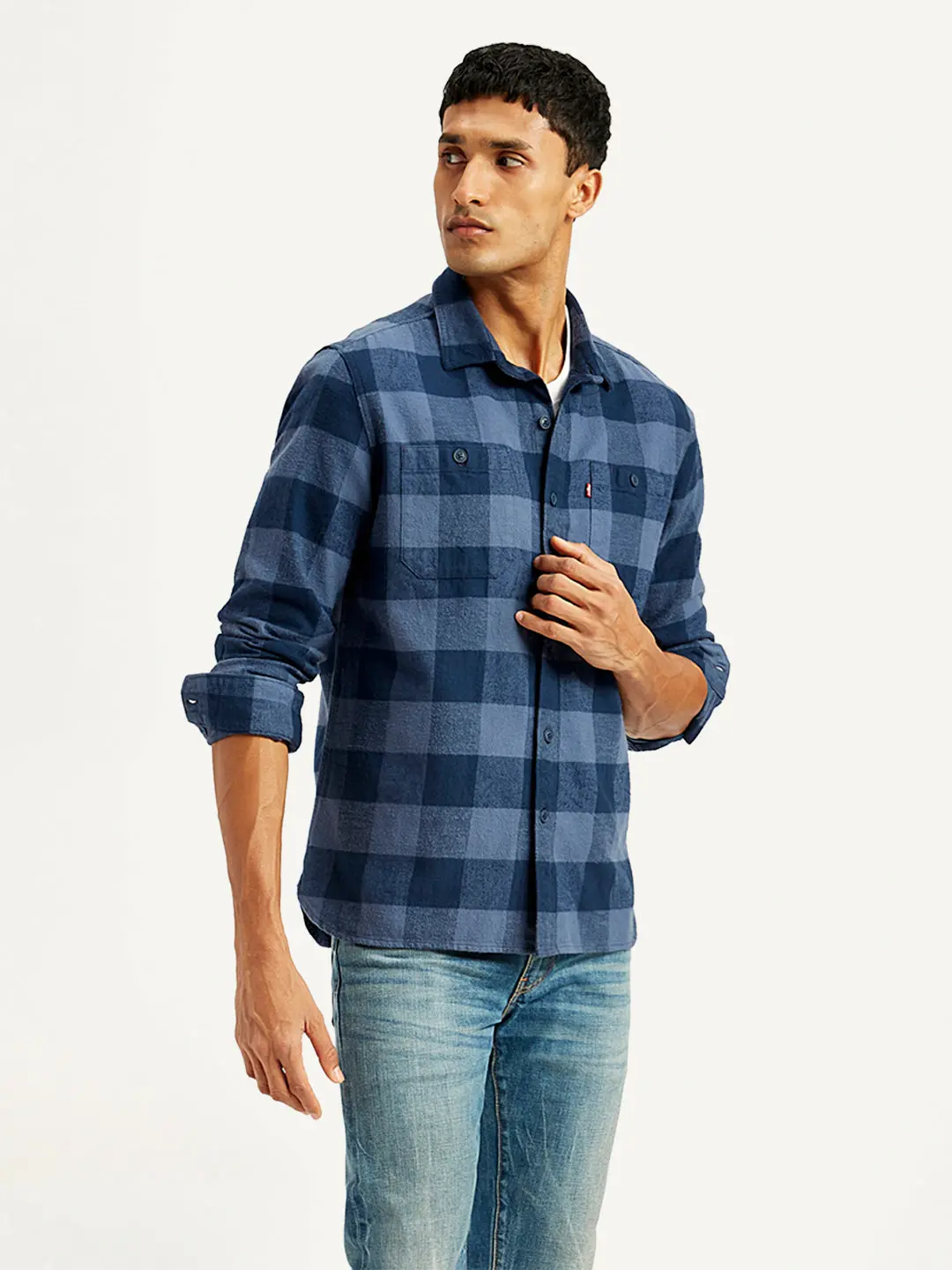 Men's Checkered Navy Spread Collar Shacket 4
