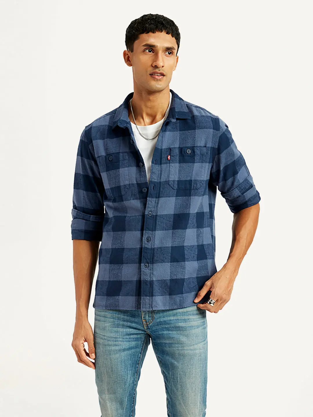 Men's Checkered Navy Spread Collar Shacket 1