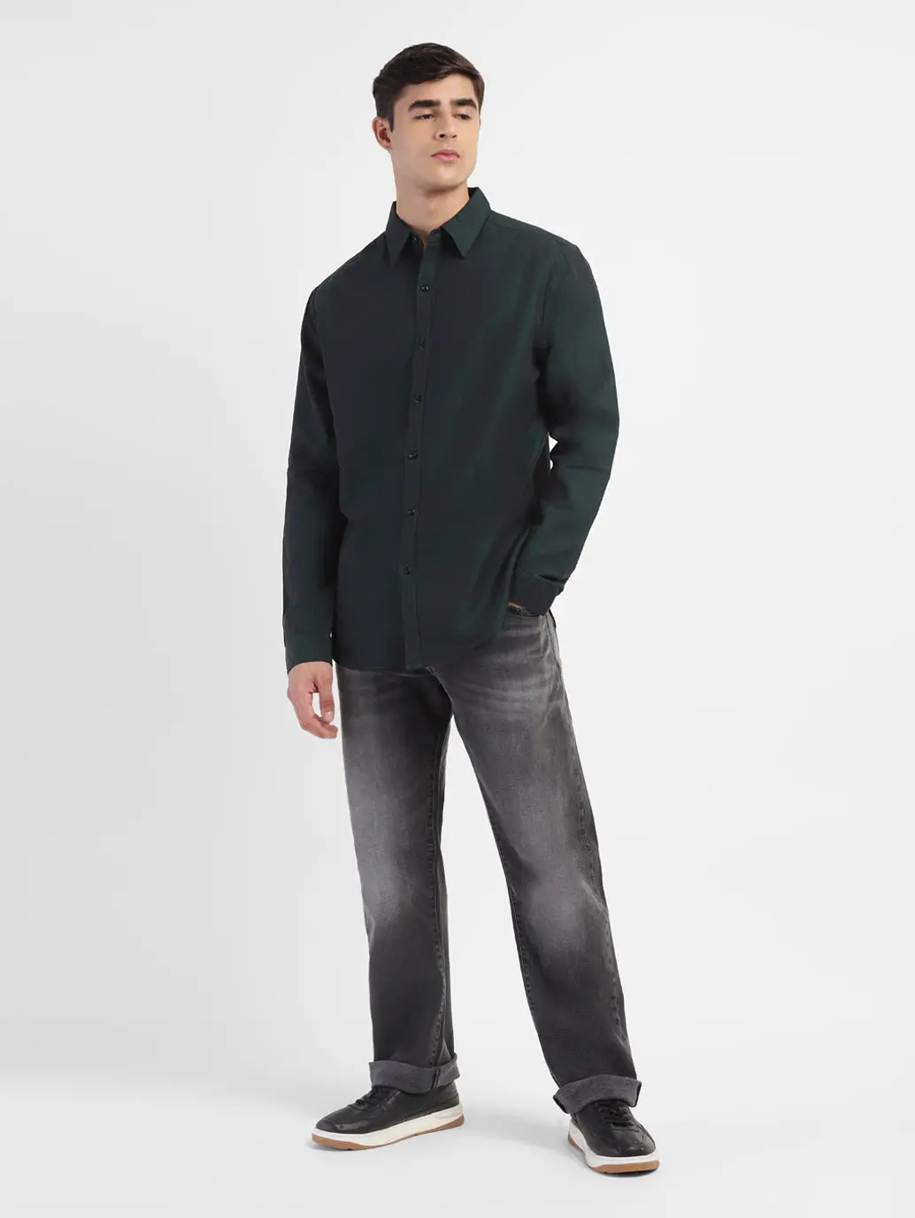 Men's Solid Spread Collar Linen Shirt 1