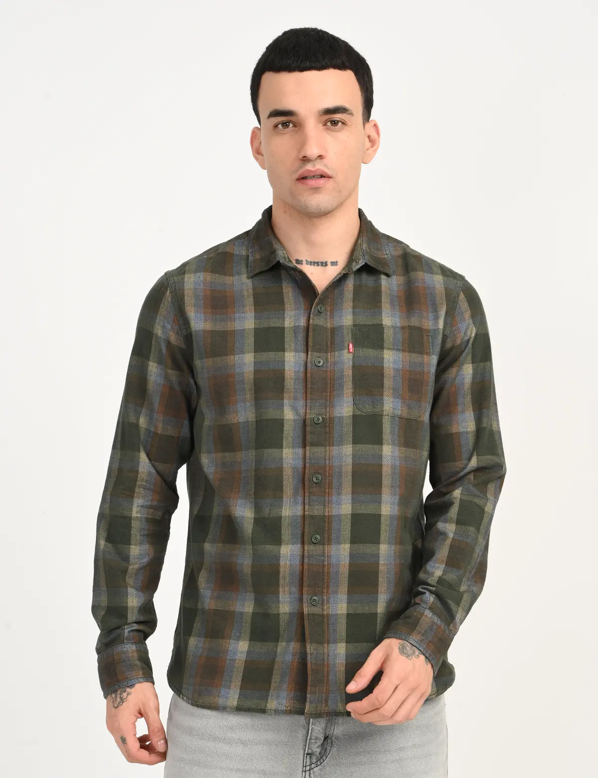 Men's Checkered Olive Slim Fit Corduroy Shirt 1