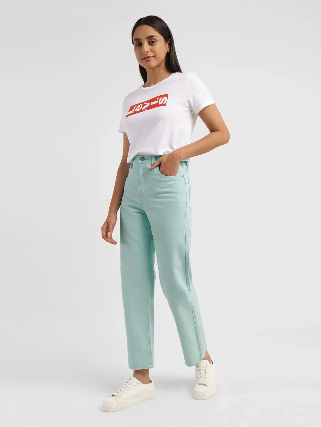 Women's Green Ribcage Straight Ankle Fit High Rise Jeans 1