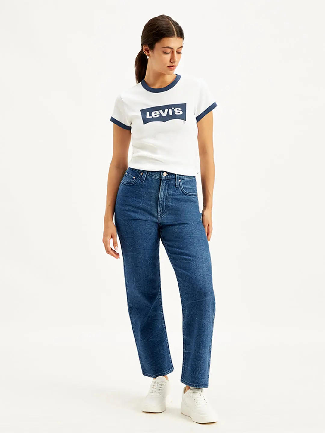 Women's Blue Ribcage Straight Ankle Fit High Rise Jeans 1