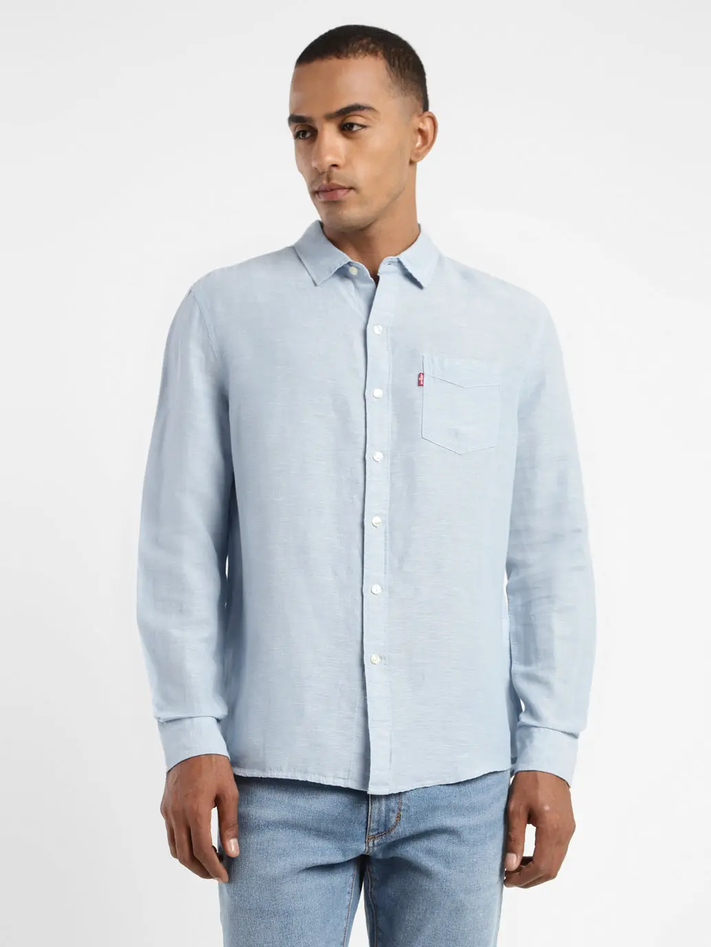 Men's Solid Spread Collar Linen Shirt 1