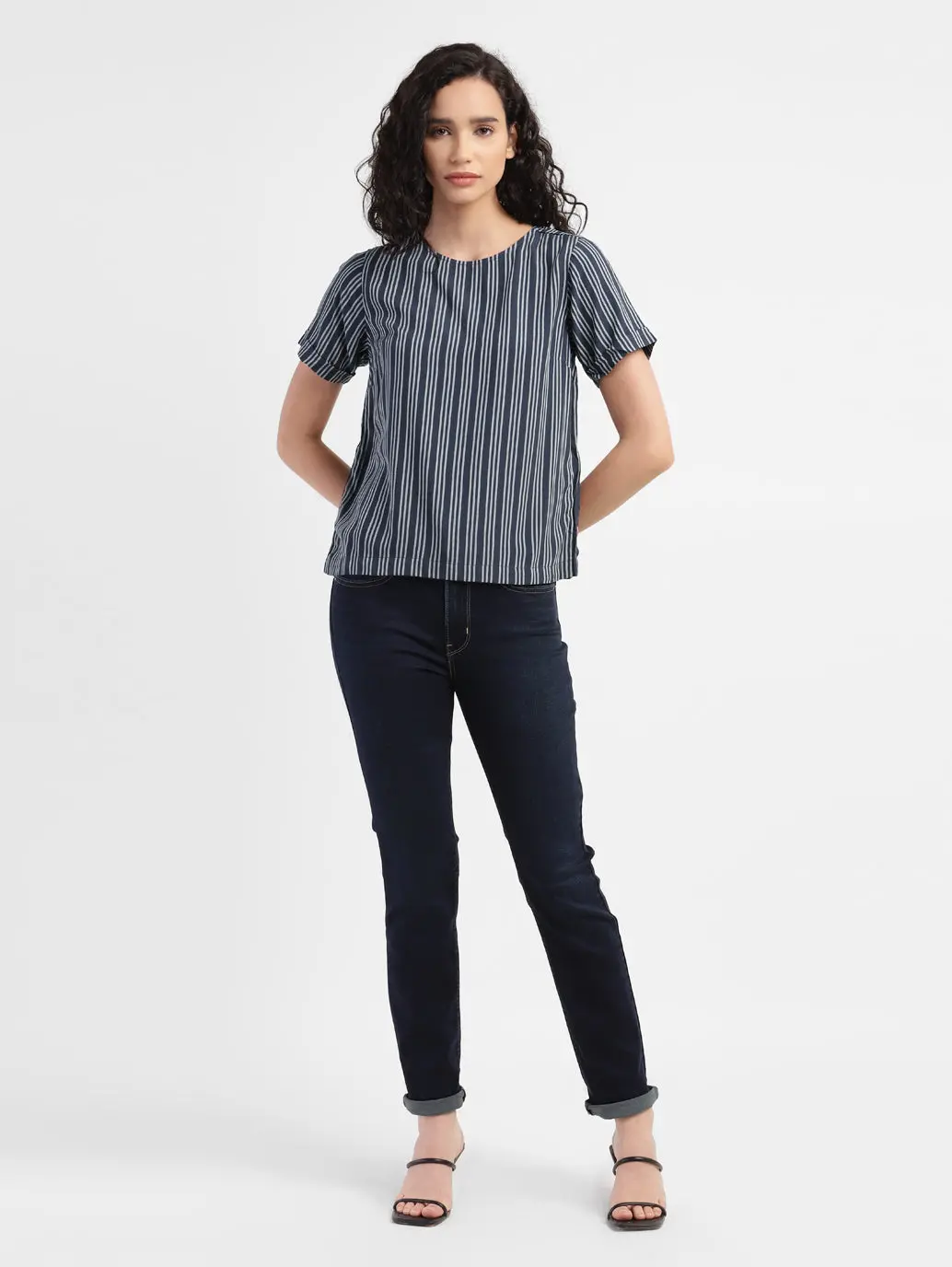 Women's Striped Navy Round Neck Tops 1