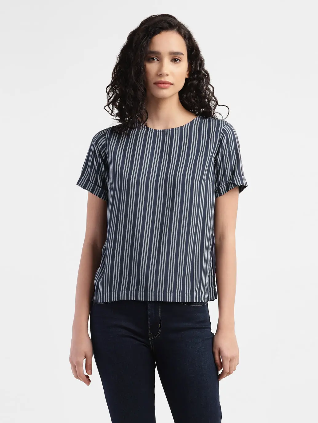 Women's Striped Navy Round Neck Tops 2