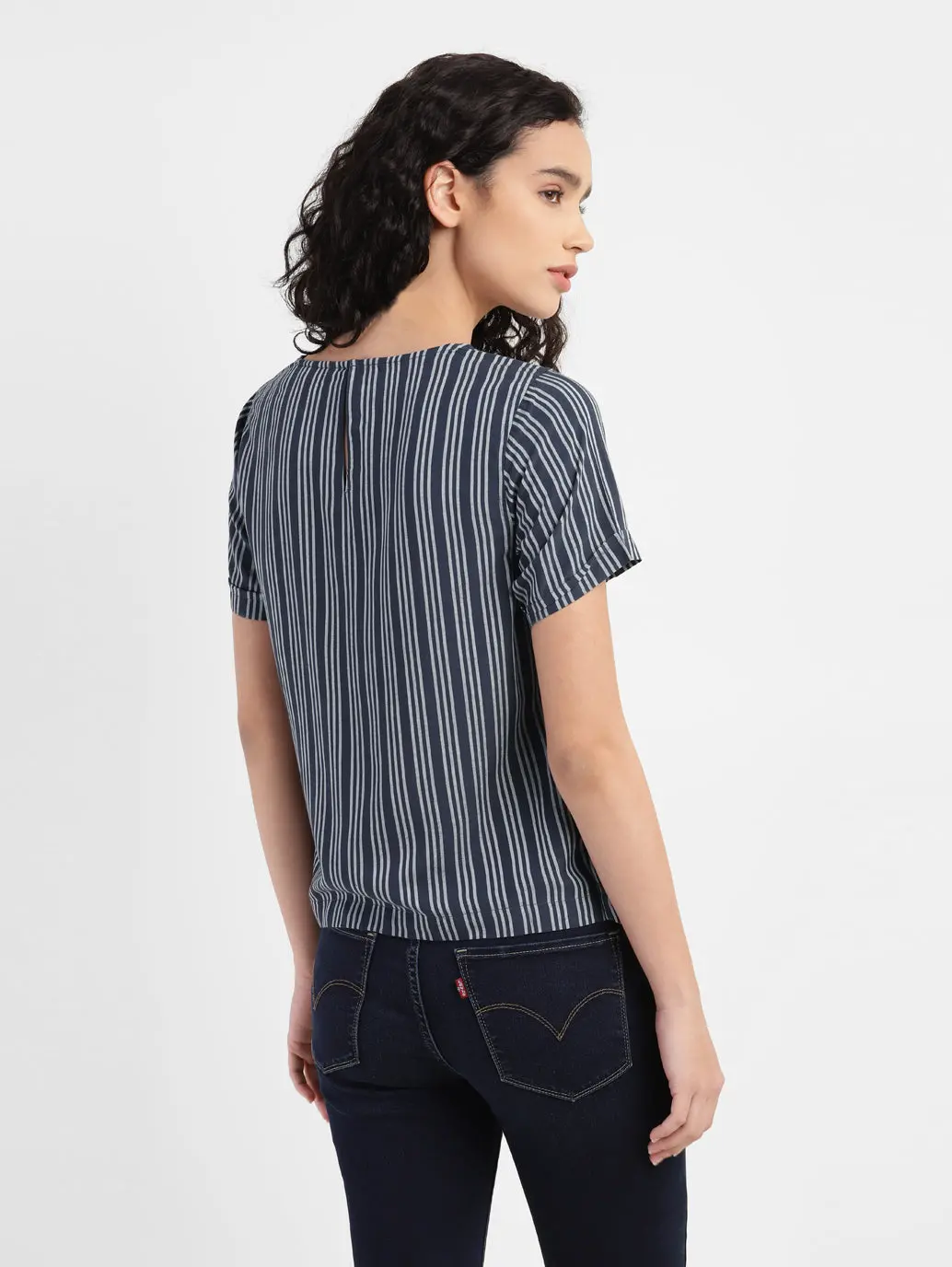 Women's Striped Navy Round Neck Tops 3