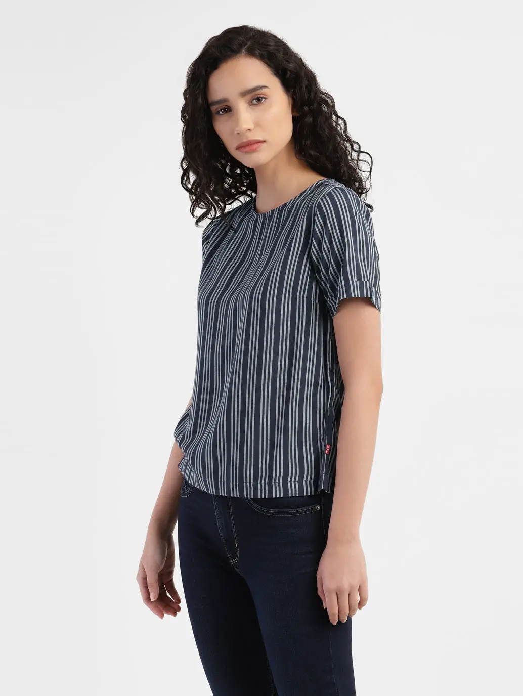 Women's Striped Navy Round Neck Tops 4