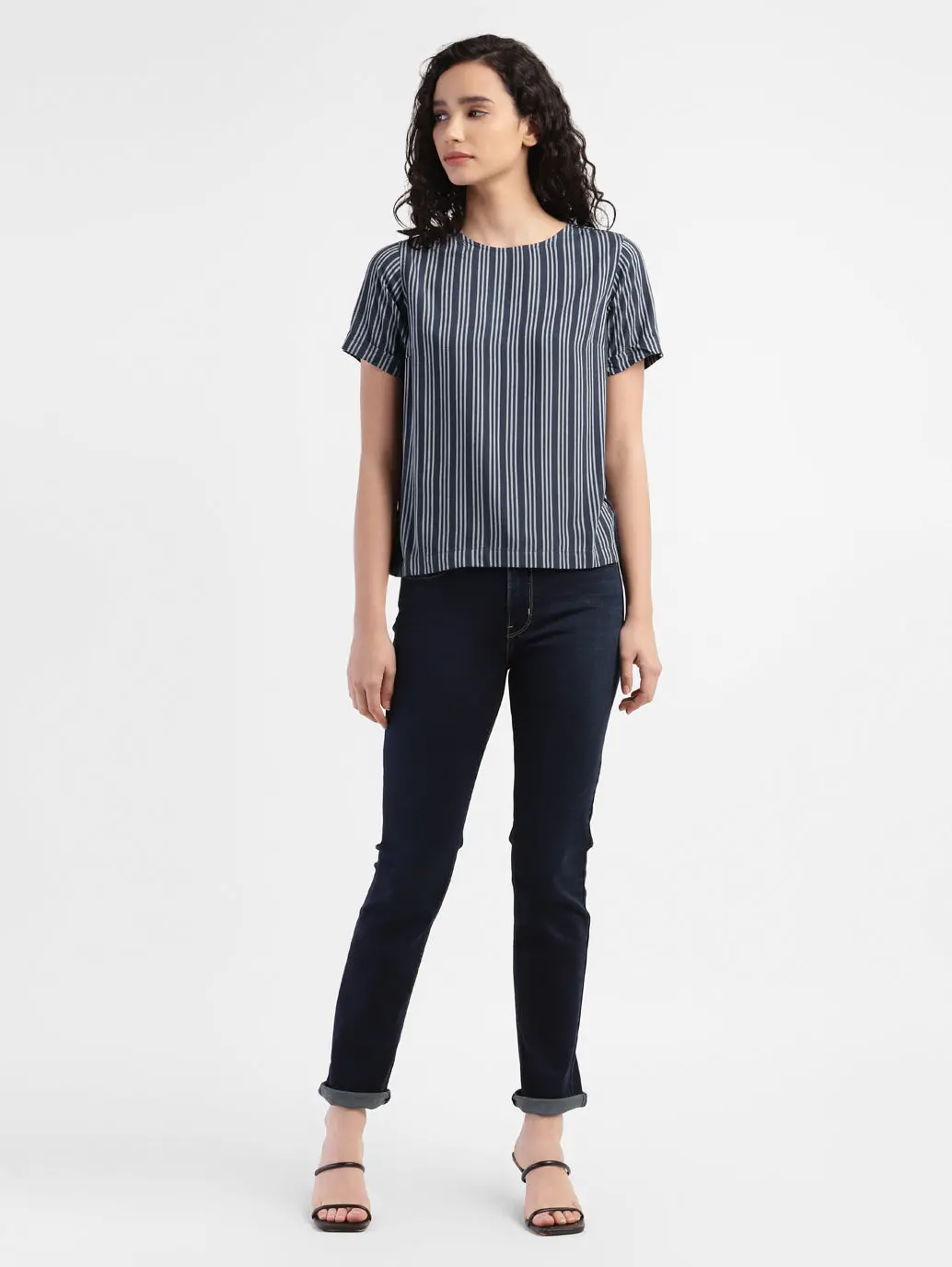Women's Striped Navy Round Neck Tops 5
