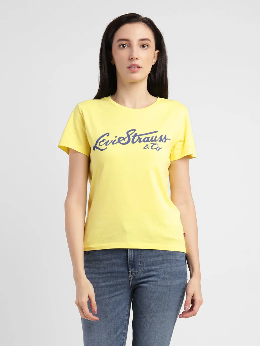 Women's Brand Logo Round Neck T-Shirt Yellow 1