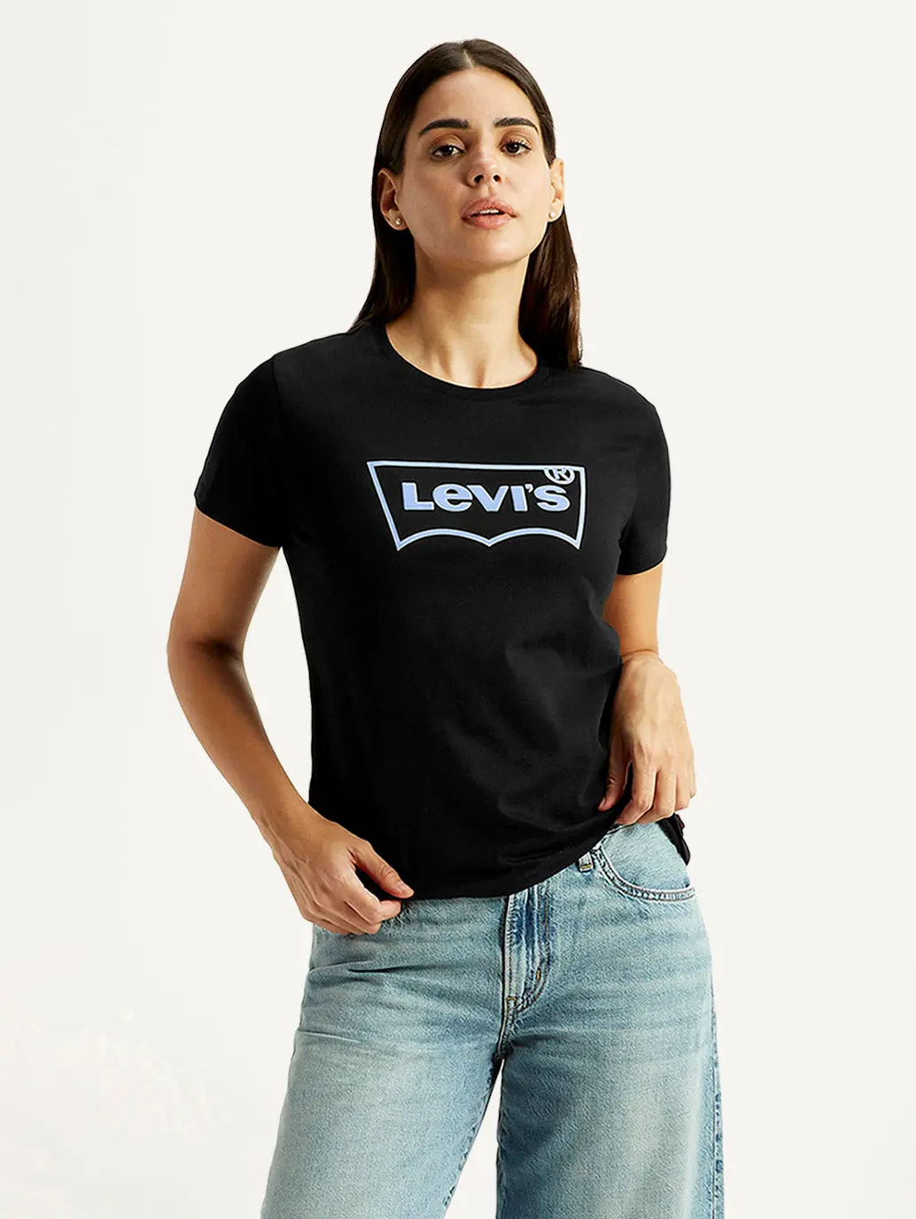 Women's Brand Logo Black Round Neck T-Shirt 1