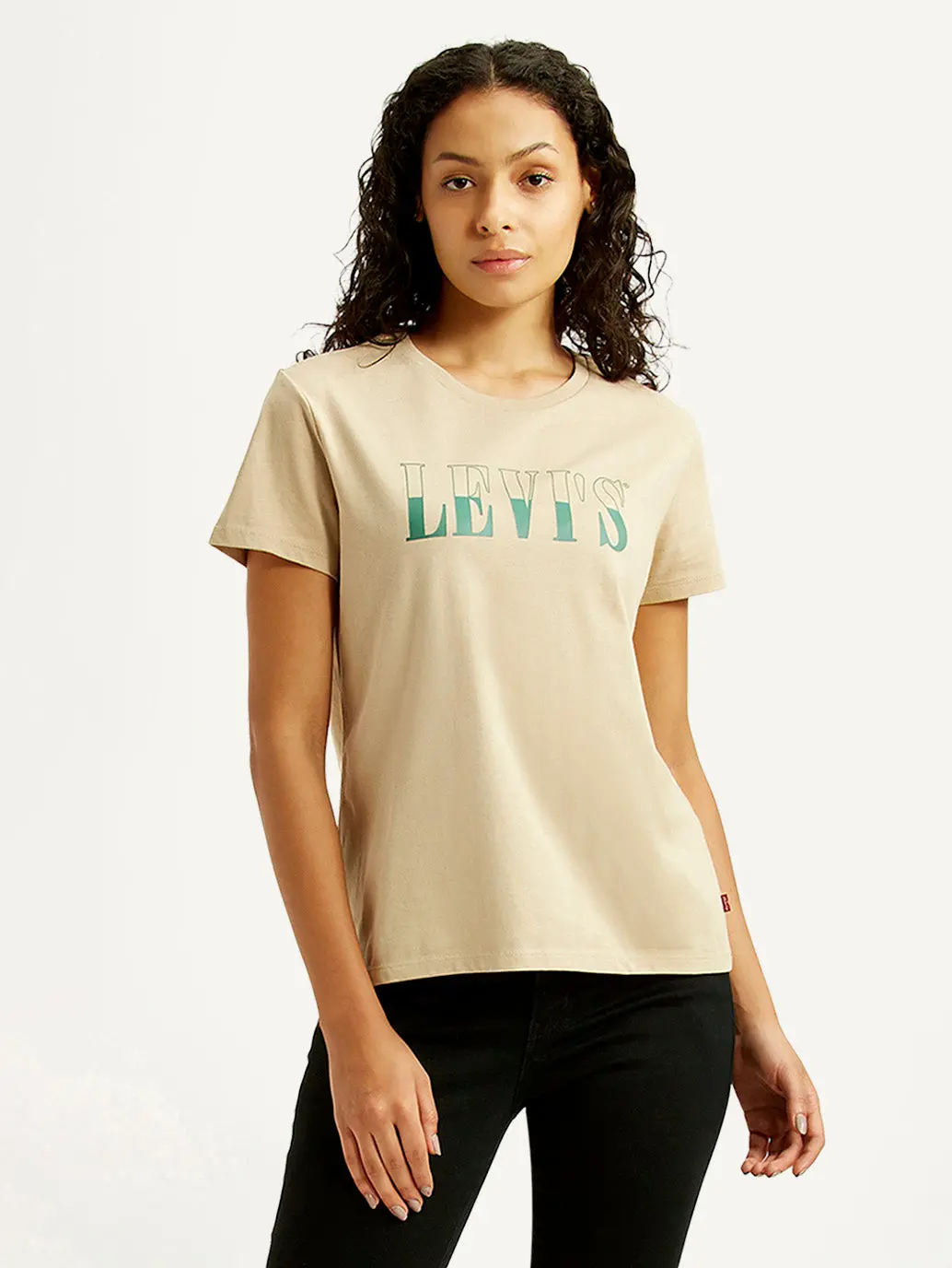 Women's Brand Logo Beige Crew Neck T-Shirt 1