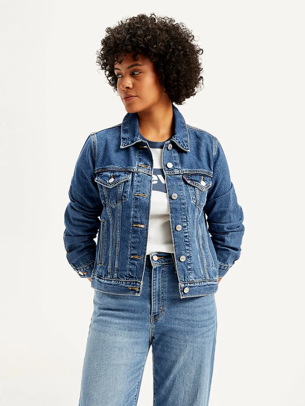 Women's Solid Blue Spread Collar Denim Jacket 1
