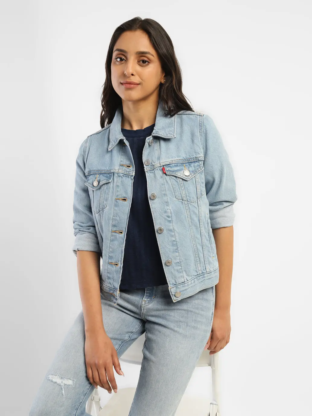 Women's Solid Blue Spread Collar Denim Jacket 1