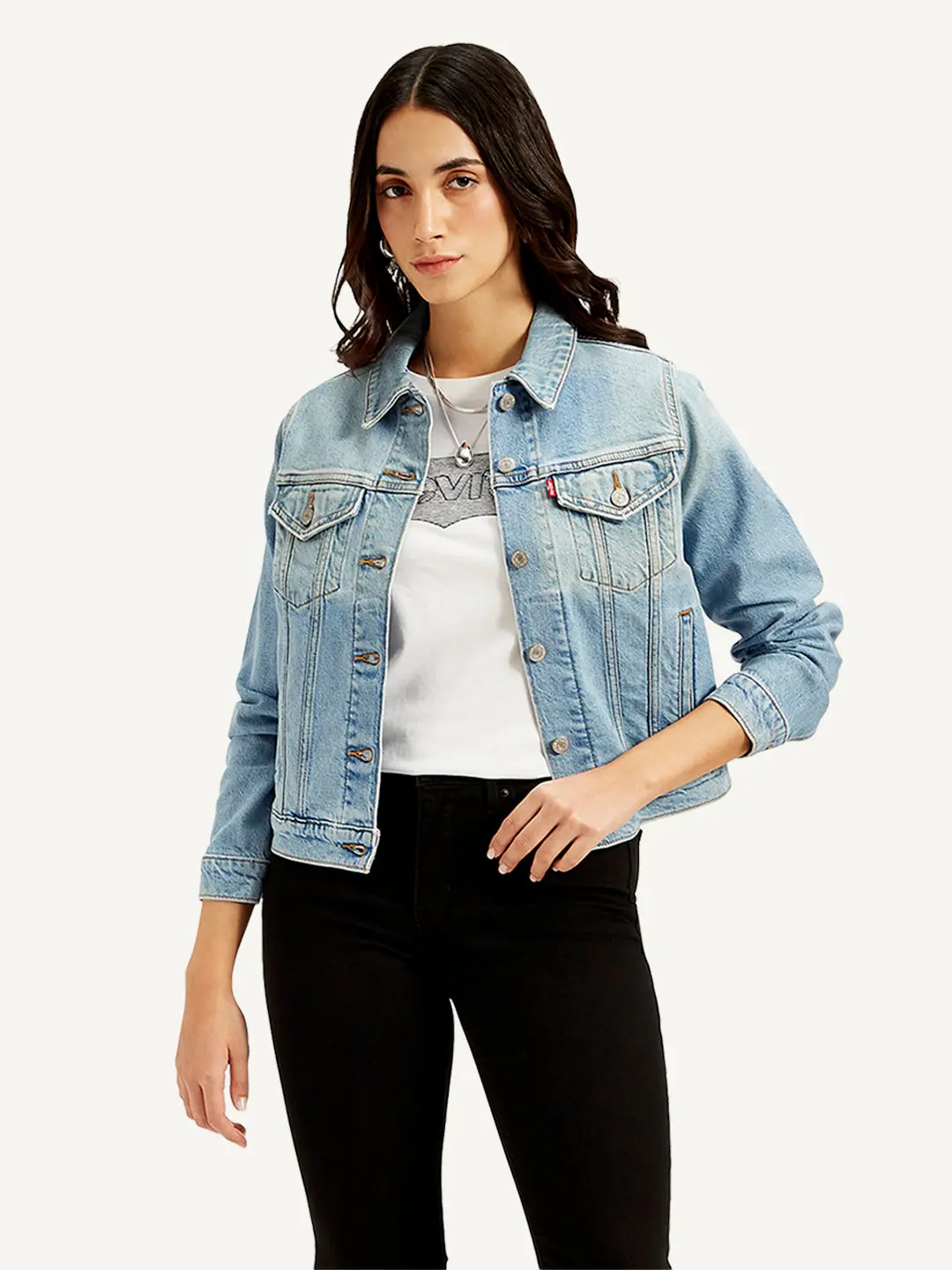Women's Solid Blue Spread Collar Jacket 1