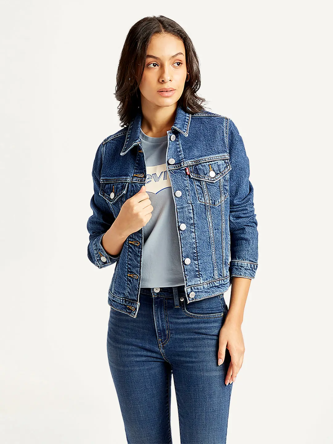Women's Solid Indigo Spread Collar Jacket 1