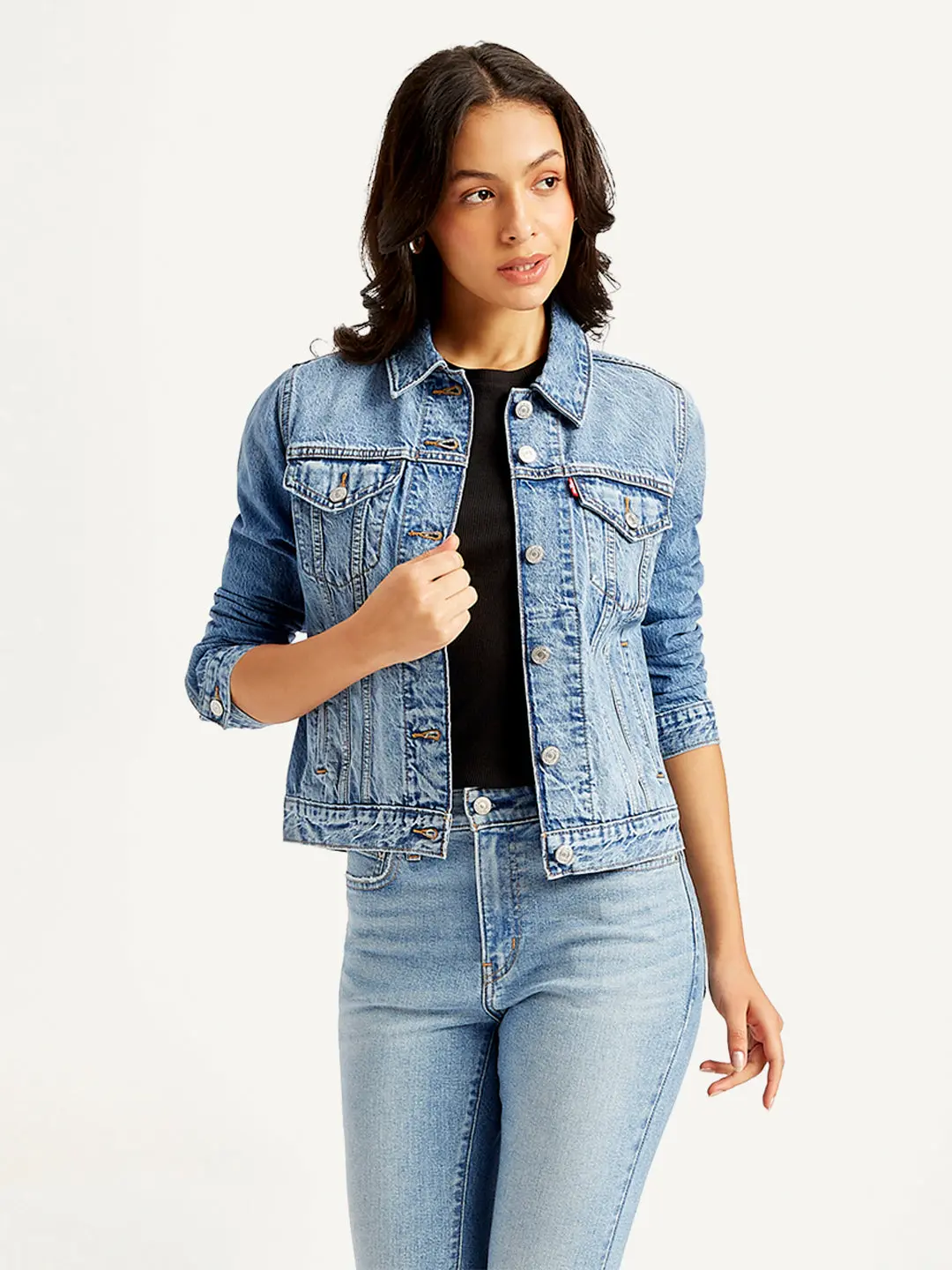 Women's Solid Blue Spread Collar Jacket 1
