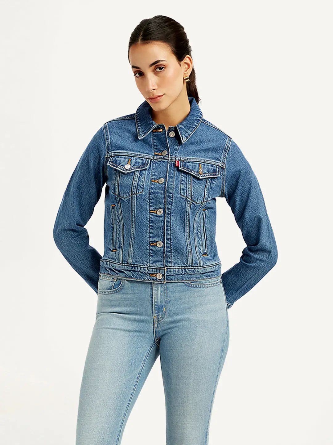 Women's Solid Blue Spread Collar Denim Jacket 2