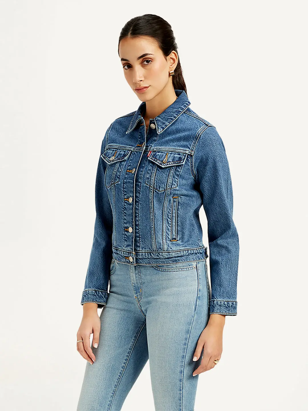 Women's Solid Blue Spread Collar Denim Jacket 4